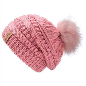 Real Fur Pom Pom Cable Knit Beanie Pink